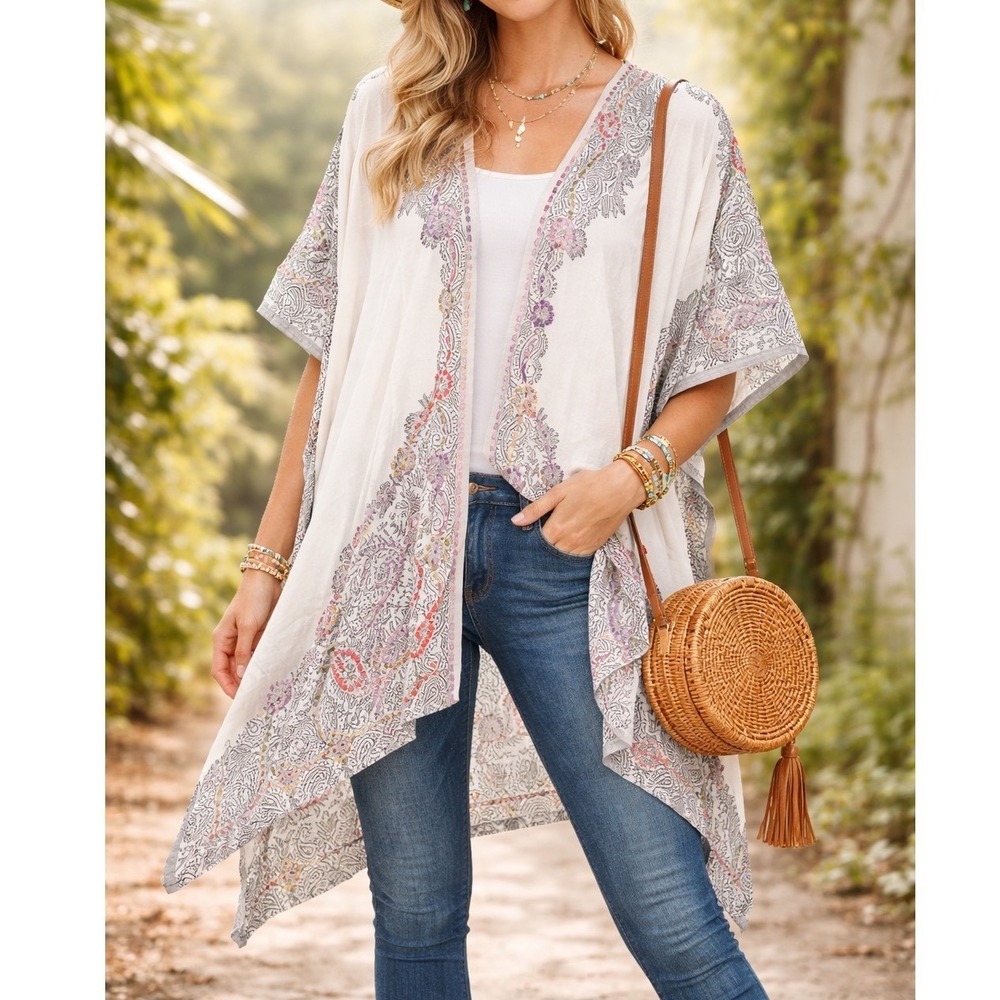Raj Women Ivory Paisley Embroidered Rayon Kimono Wrap Kaftan Cover Up One Sz f3